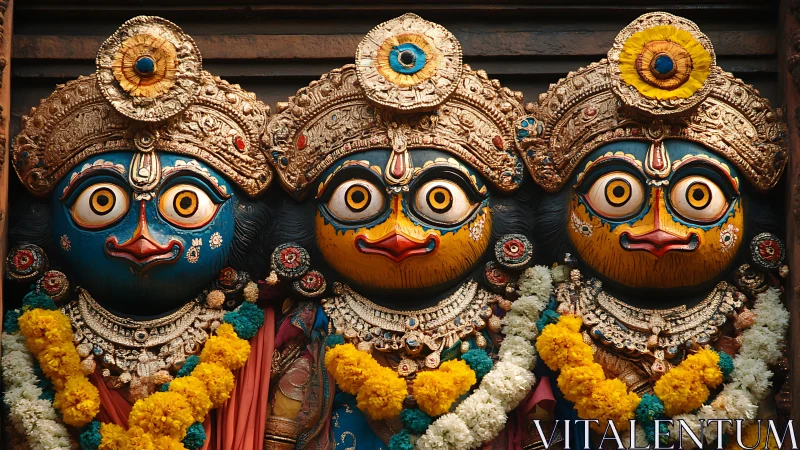 Trio of jewel-crowned idols trade wide-eyed secrets in garlands