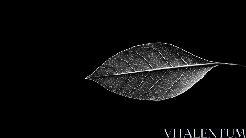 Monochrome leaf skeleton on deep black negative space background.