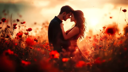 Romantic Embrace in a Glowing Poppy Field.