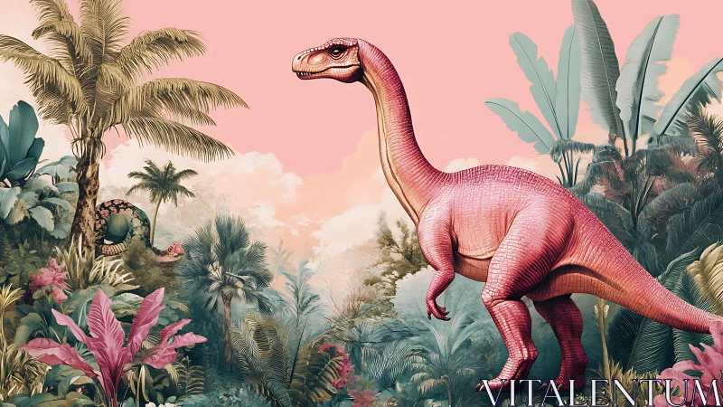 Pink sauropod dinosaur strides through stylized tropical jungle
