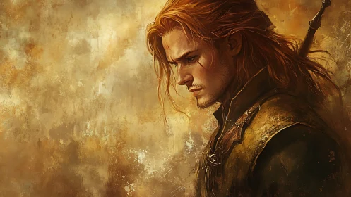 Brooding ember-haired swordsman drifting through golden regret.
