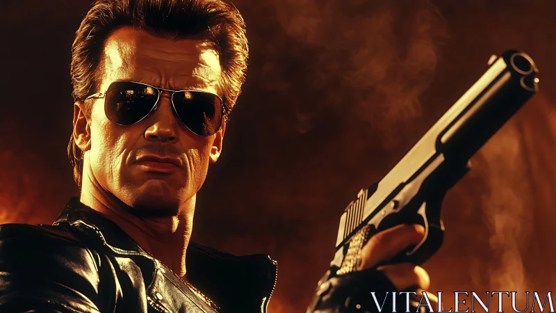 Cinematic close-up of armed man in leather jacket under warm rim light