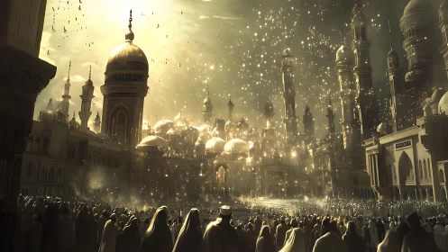 Luminous domed citadel under particulate celestial cascade.