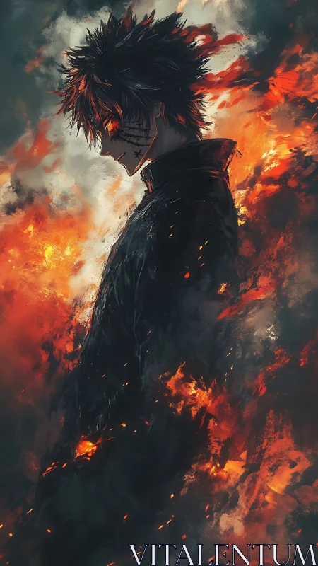 Brooding anime figure engulfed in swirling orange flames.