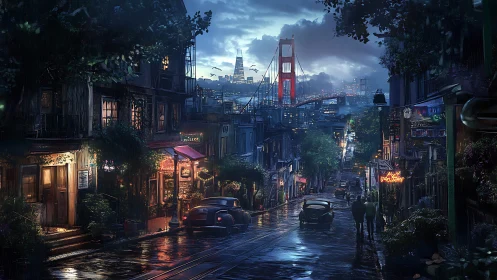 Rainy city street descending toward red suspension bridge.