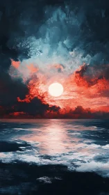Crimson storm clouds cradle a solitary sun above silver sea