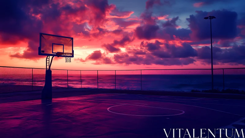 Basketball court by ocean under vivid sunset sky.