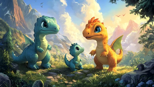 Cartoon dinosaur family stands in bright mountain forest