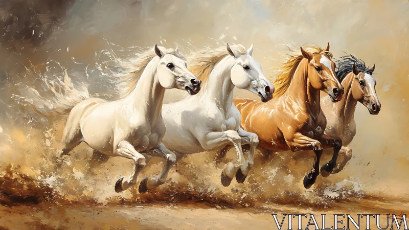 Galloping horses charge through dust in dynamic oil painting.
