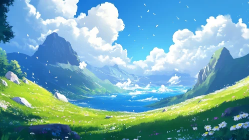 Sunlit alpine valley slopes descend toward vivid blue lake