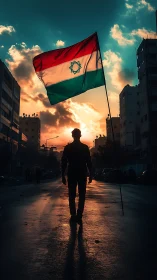 Silhouetted figure walks under large tricolor flag at sunset