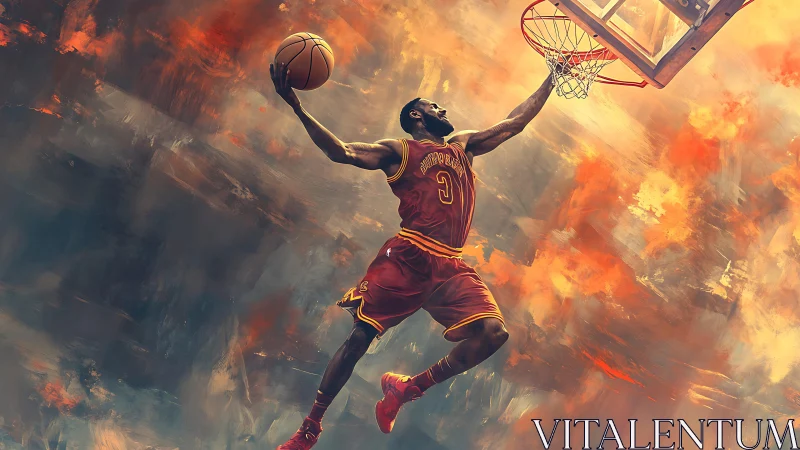 Soaring basketball hero leaping toward a glowing hoop.