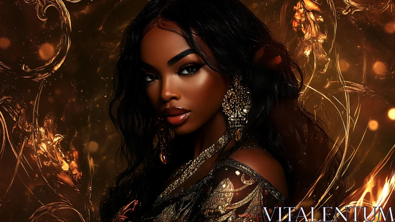 Digital portrait of jeweled woman in molten amber light