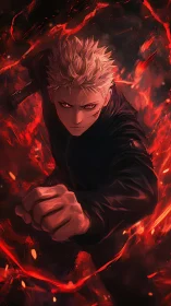 Intense white haired fighter surrounded by red energy.