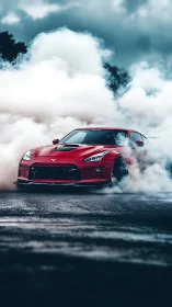 Crimson sports car drifting through dense burnout smoke.