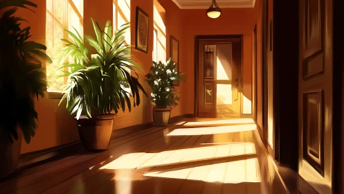 Sunlit corridor interior renders warm botanical stillness