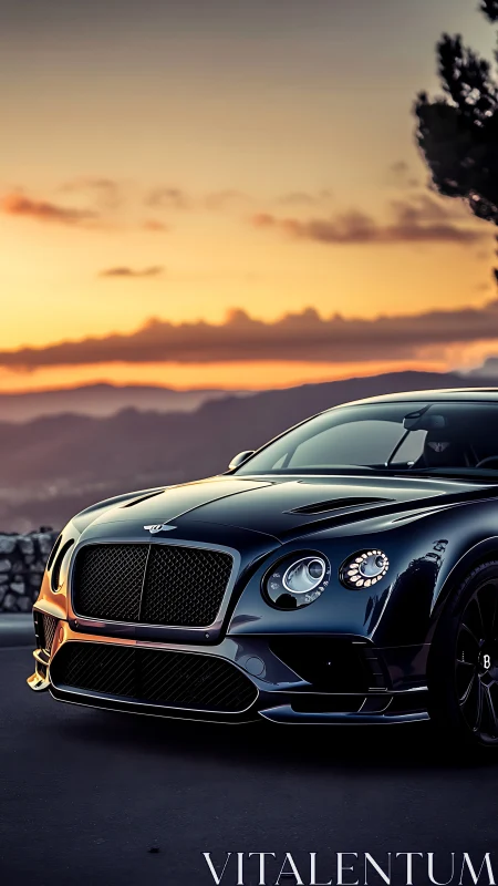 Luxury black grand tourer glows against vibrant sunset sky.