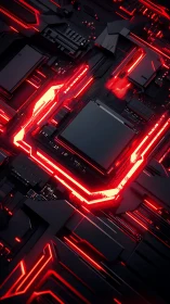 Overclocked CPU die on illuminated red black gaming mainboard
