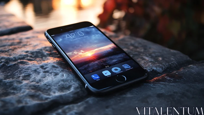 Smartphone with Sunset Display on Weathered Stone Surface.