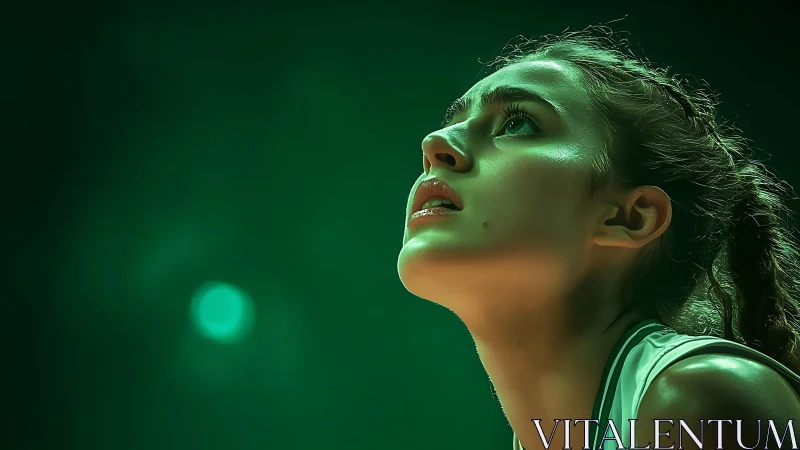 Courtside glow on a focused young athlete in green light.