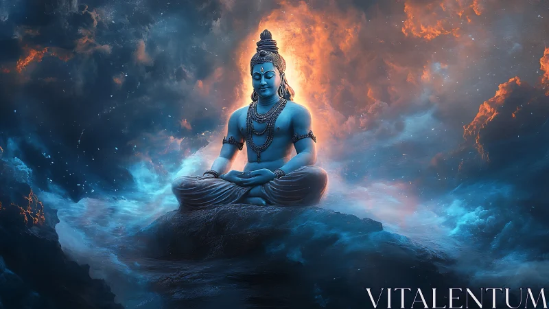 Divine blue deity meditates amid swirling cosmic fire clouds