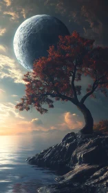 Tree on rocky shore stands before massive detailed moon
