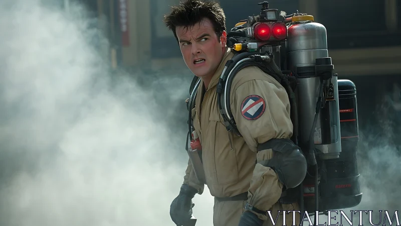 Ghostbuster in tan jumpsuit wearing proton pack in street smoke