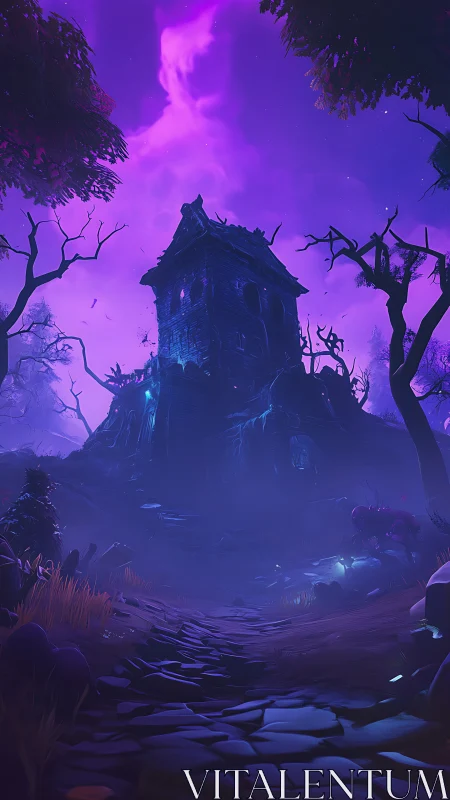 Haunted hillside tower under vivid neon violet skies.