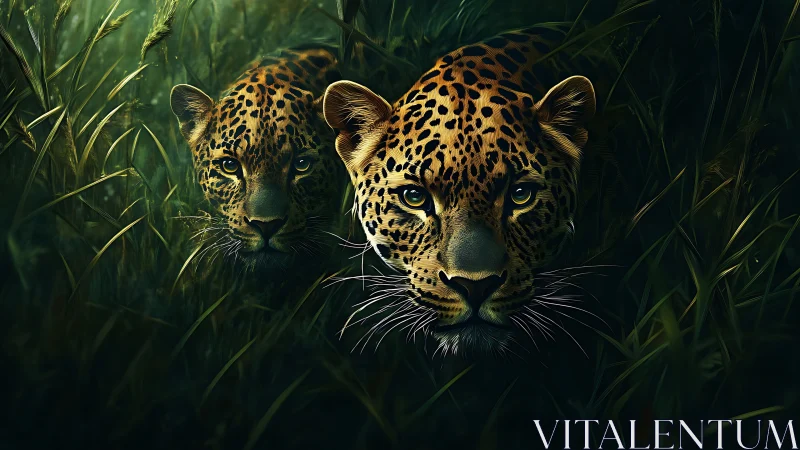 Twin Jaguars in Tall Grass: High-Resolution Digital Portrait Study