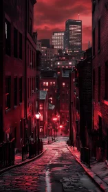 Red-lit cobblestone alley descends toward luminous city towers.
