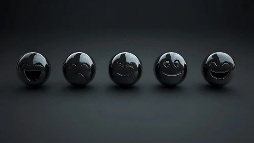 Glossy black emoticon spheres expressing mixed moods.