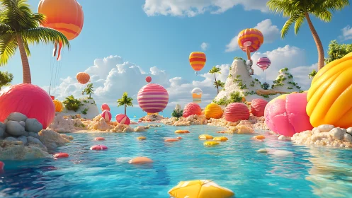 Chromatic tropical islet with candy-like inflatables and balloons.
