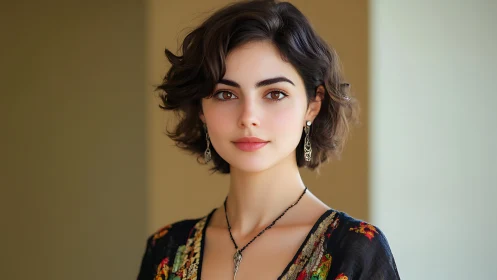 Brown-eyed woman faces camera in soft indoor portrait
