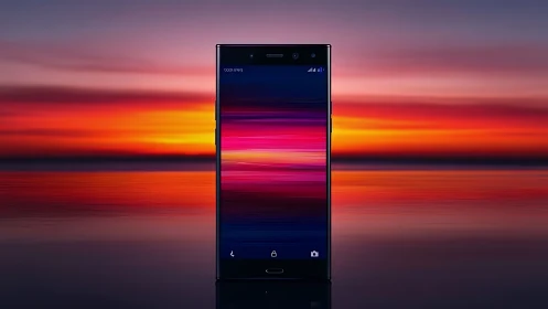 Smartphone centered against vivid sunset seascape backdrop.