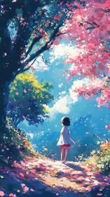 Backlit girl under blooming trees on luminous forest path