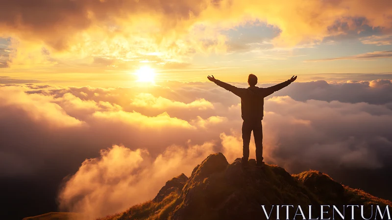 Silhouetted hiker embraces golden sunrise above cloud sea