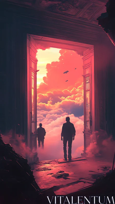 Silhouetted figures stand before glowing doorway above clouds