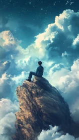 Solitary figure on cloud-bound peak observes luminous night sky