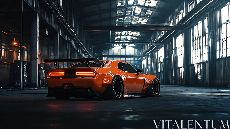 Orange widebody muscle car glows in an abandoned factory.