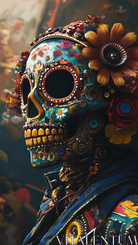 Floral sugar skull portrait with jeweled cybernetic detail.