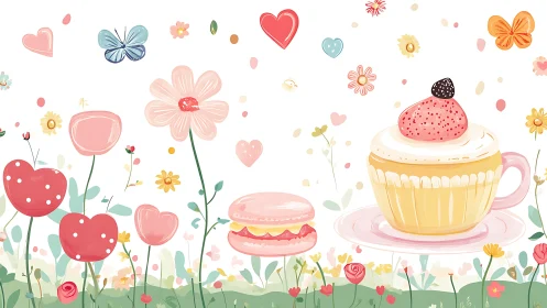 Whimsical Garden Scene: Cupcake Teacup Surrounded by Floral Elements.