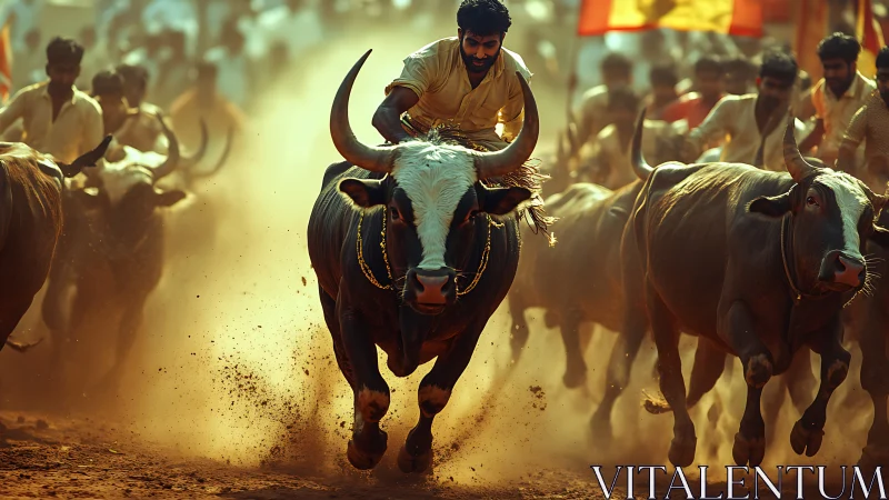 Riders and racing bulls charge forward in golden festival dust