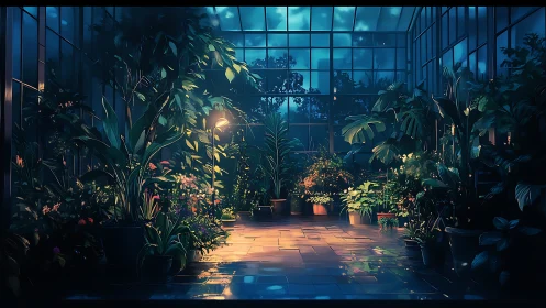 Moonlit glasshouse garden glowing with quiet city magic.
