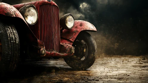Dust-streaked vintage roadster growls through storming mud.