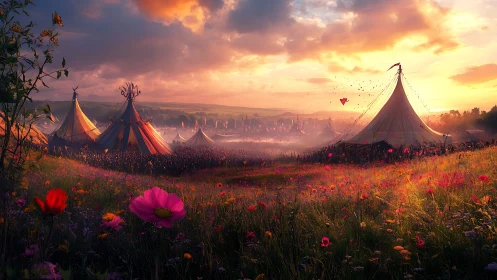 Sunlit festival encampment with floral foreground and volumetric haze