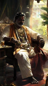 Seated figure in ornate garments occupies interior throne