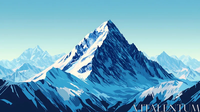 Snowbound mountain peak rises sharply under clear skies