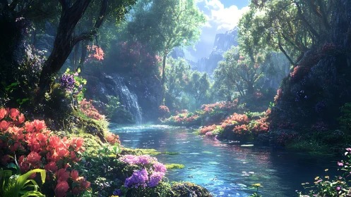 Whispering river glade under spellbound sapphire daylight.