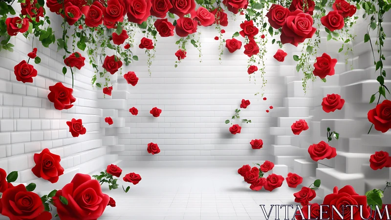 Red Roses Suspended in Modern 3D Geometric Space.
