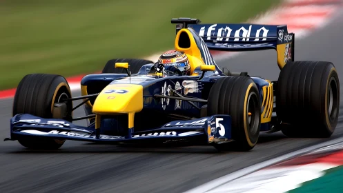 Formula race car attacks apex with vivid blue livery.